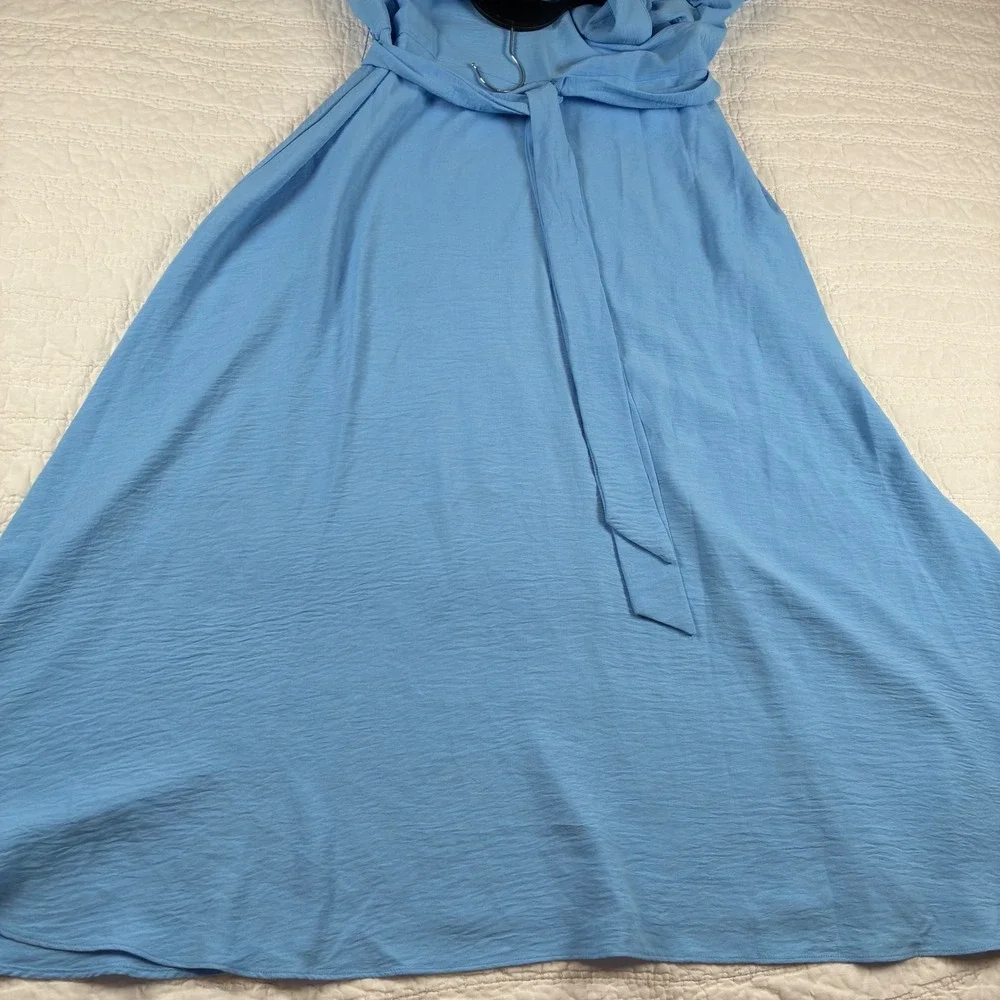 NEW DKNY Midi Dress 16 Blue Short Sleeve Belt V-Neck Collar Preppy Cottage Flowy
